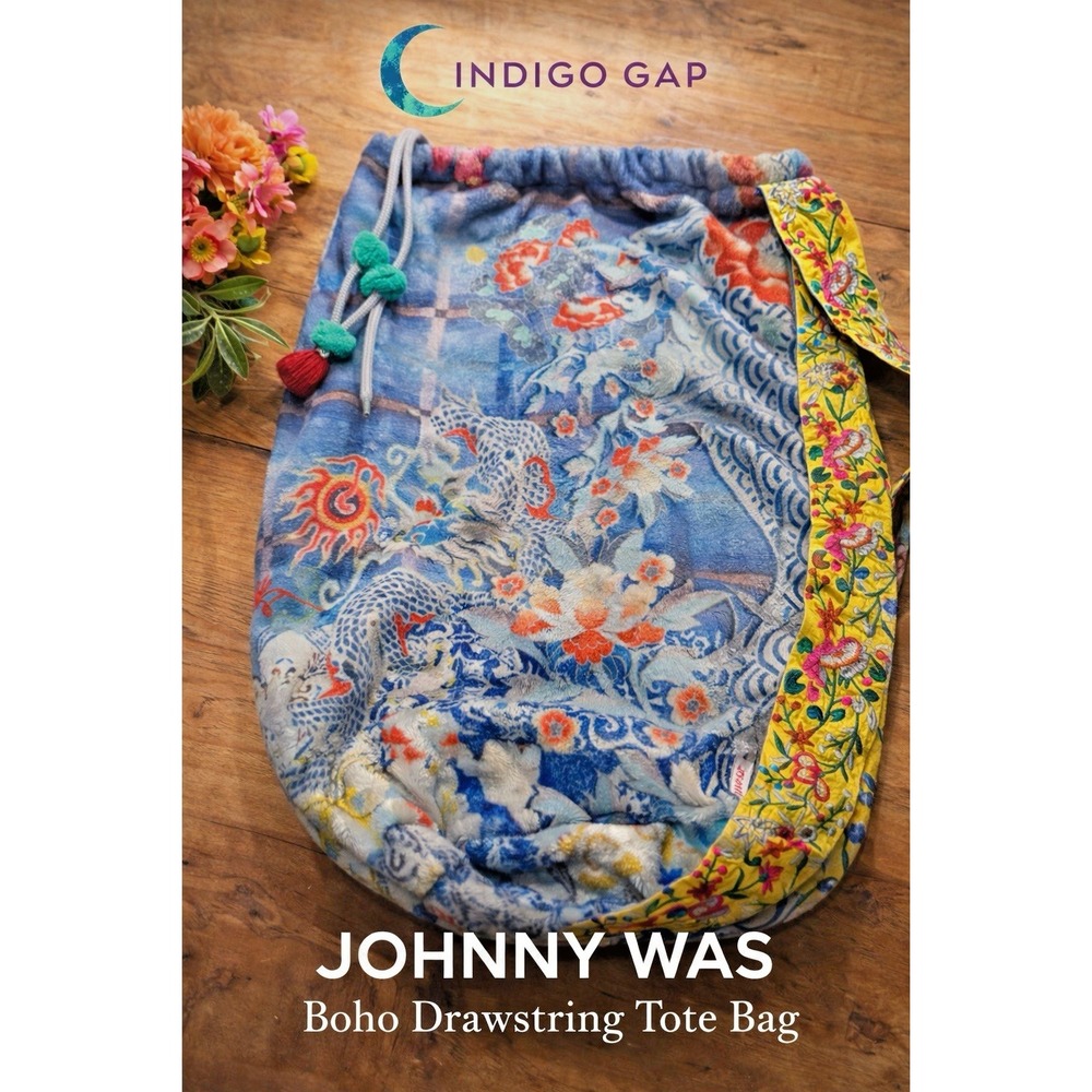 Johnny Was Boho Drawstring Tote Bag Embroidered Strap Plush Fleece Dragon Floral